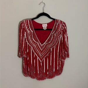 Vintage Neiman Marcus Red and Silver Sequin Blouse